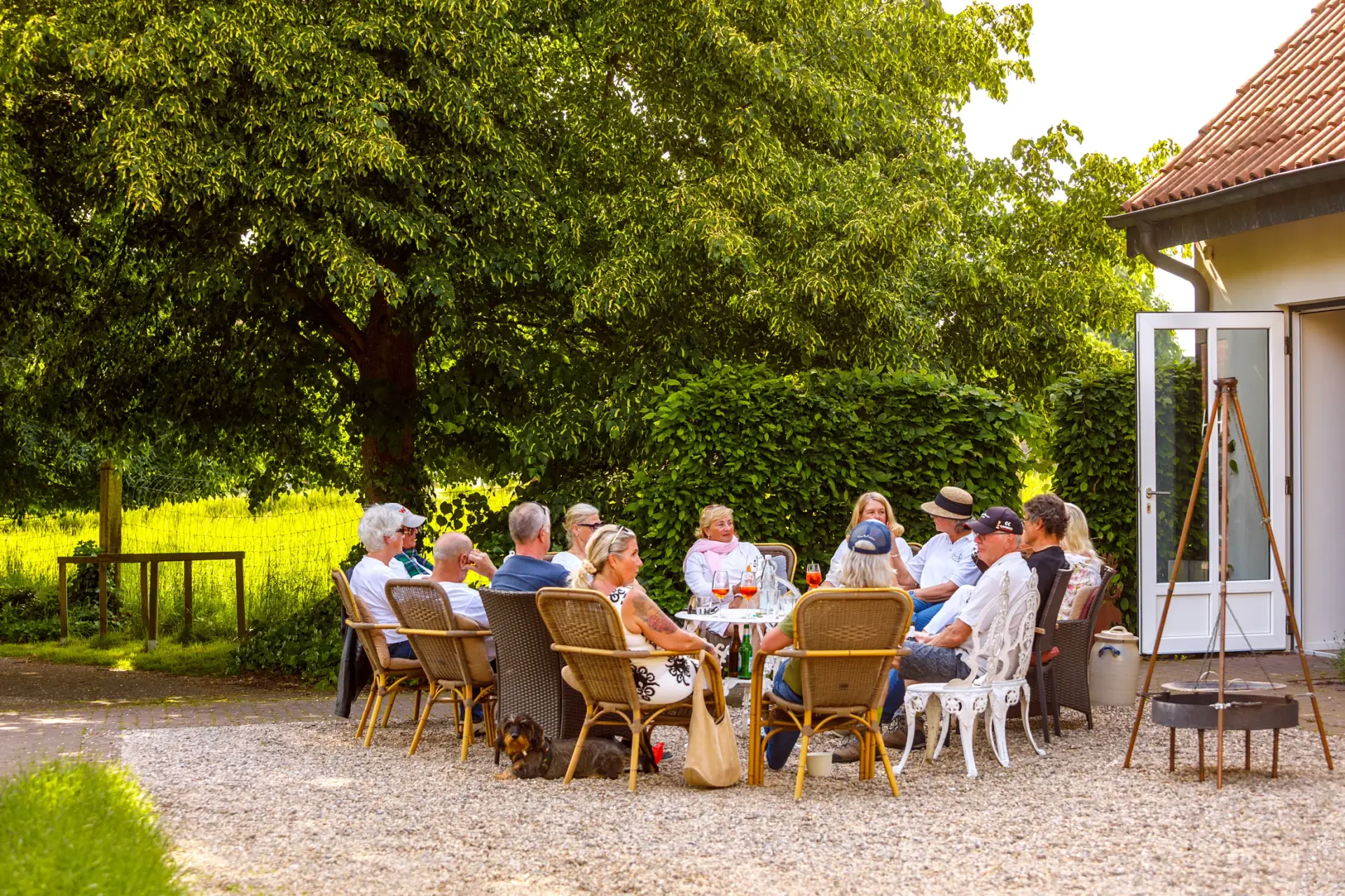 Gäste sitzen gemeinsam an Tischen im Garten